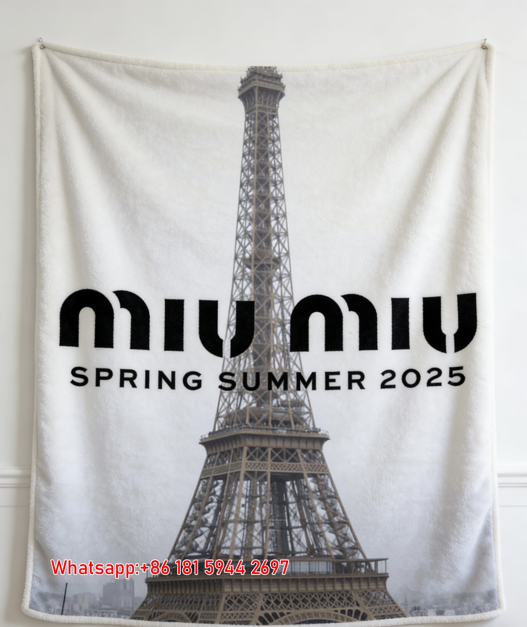 Miumiu Misty Grey Beige Eiffel Tower Flannel Sofa Throw Blanket – Printed Paris SS25 Design IMG_0564
